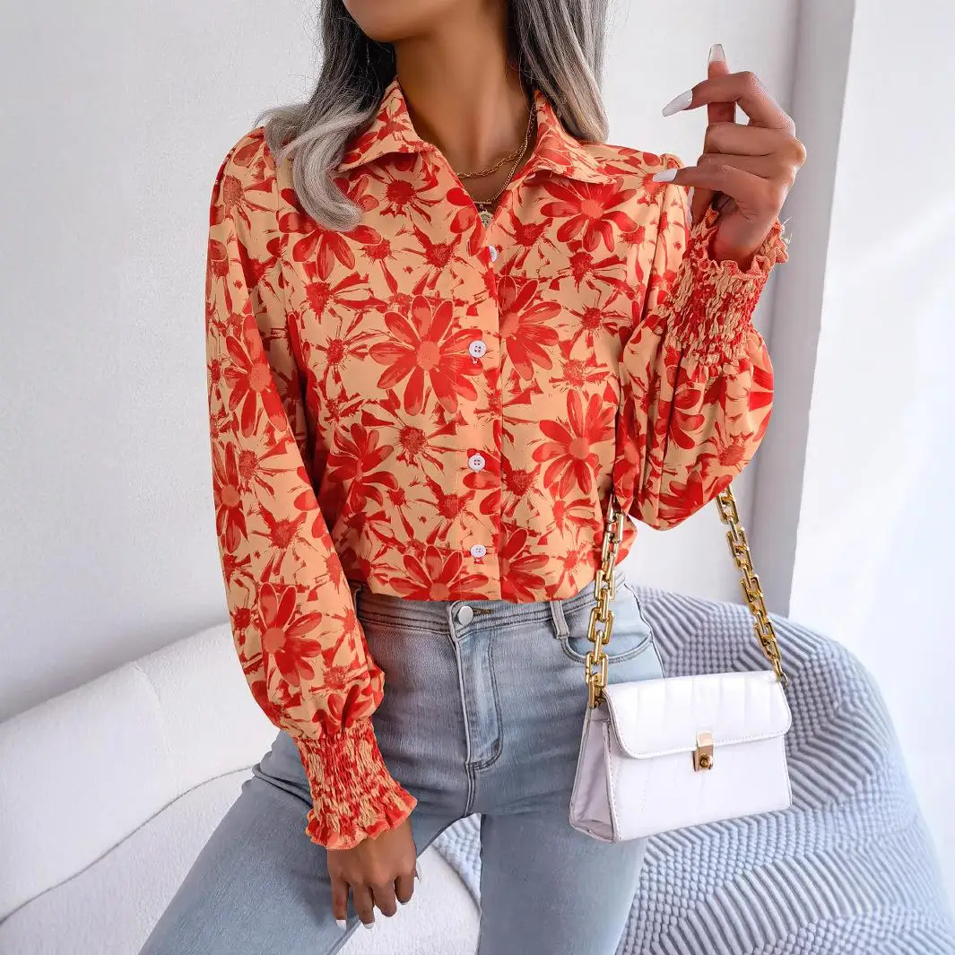 

Casual Lantern Sve Color Blo Floral Collar irt Spring Summer Women's Cross-Border Faion Long Sve Autumn Season
