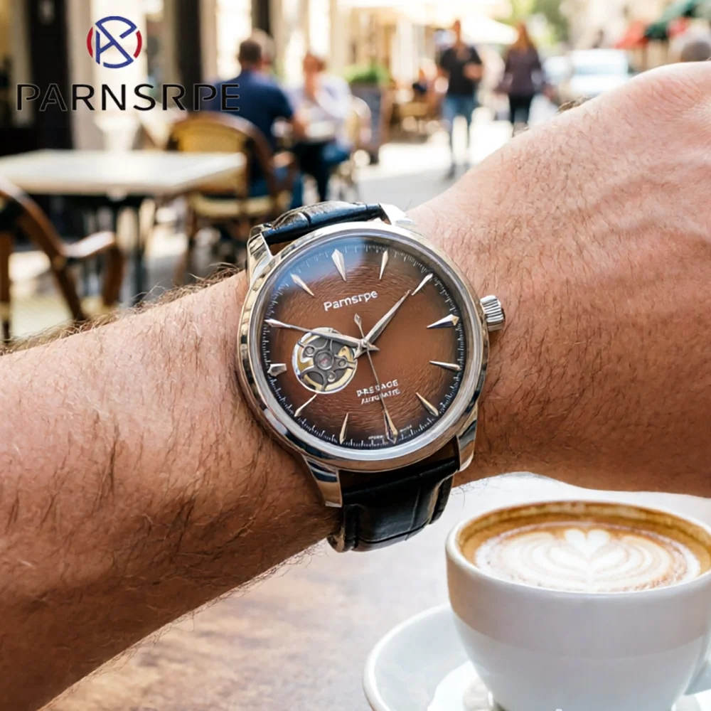 

Hot Sale Automatic Watch for Men Retro Luxury 40mm Skeleton Movement Dial Brown Textured Face Black Leather Strap NH38 Movement