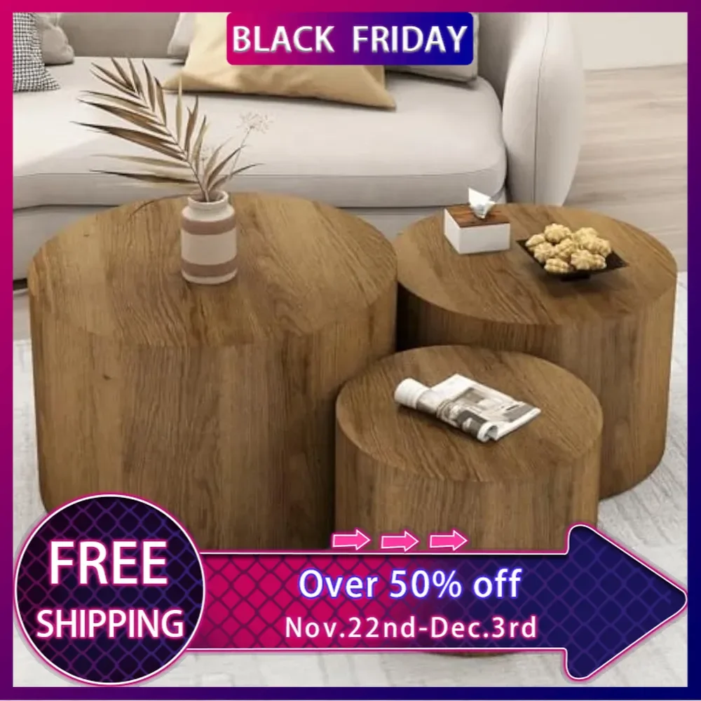 Nesting Coffee Table Set of 3,Round Wooden Coffee Tables,Circle Table for Living Room,Bedroom,Accent Side Table End Tables