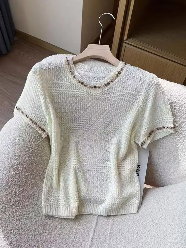 Faionable round Ne ort Sve Knitted Sweater Women's Sli Versatile Heavy Embroidery Casual Commute Korean Sle