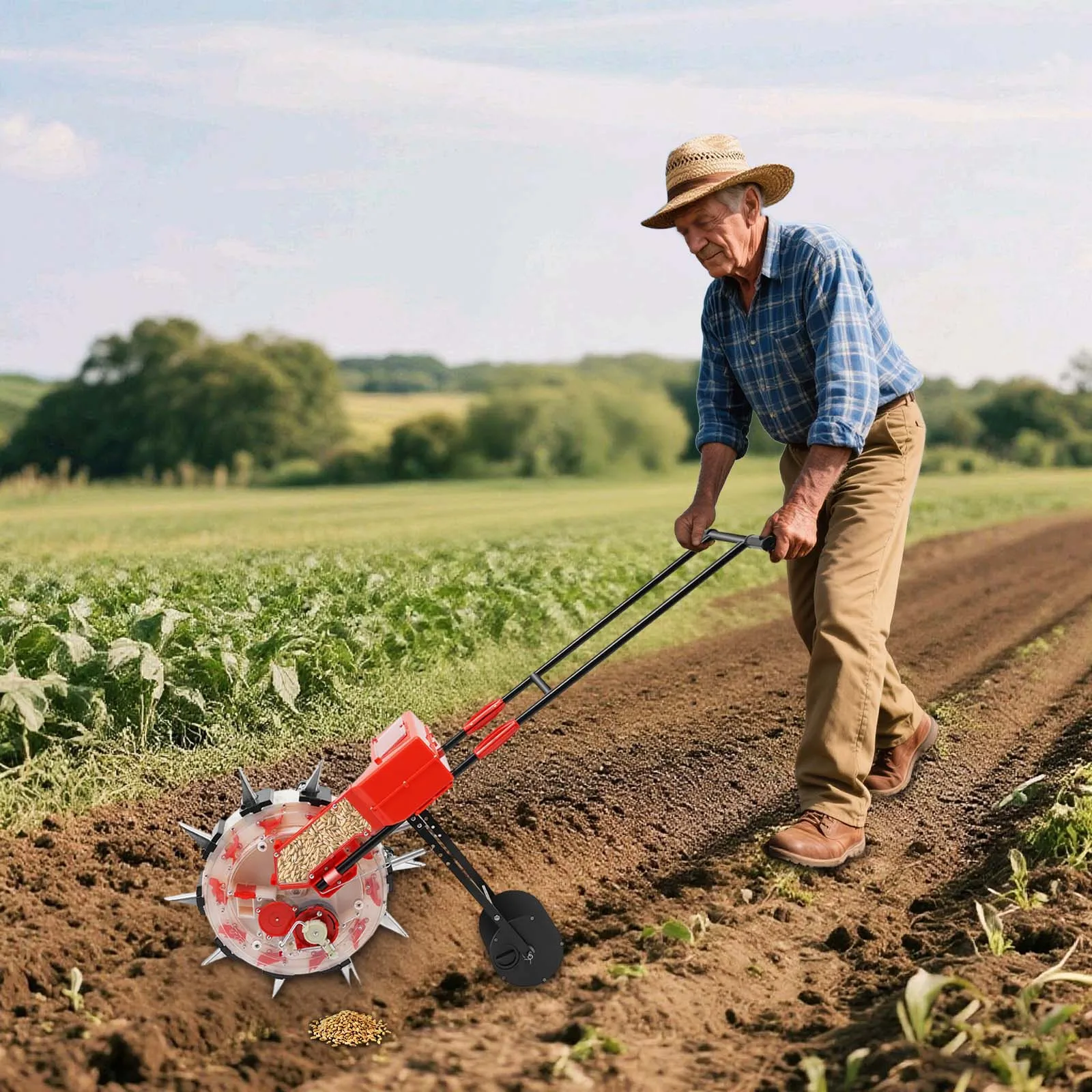 10 Nozzles Hand-push Roller Seeder, 6.3in Planting Spacing Sowing Machine, Planter With 8.27lbs Storage Box For Sowing Seeds From 0.12 To 0.59 in