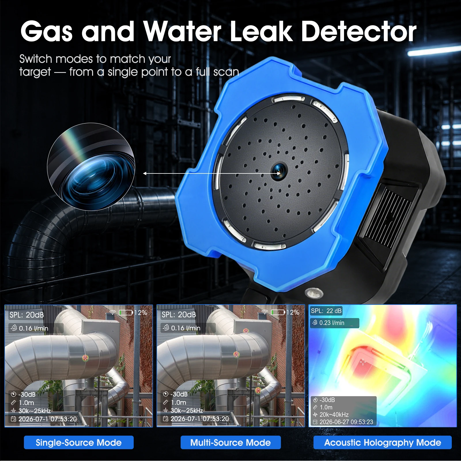 HoldPeak 956D Handheld Acoustic Imager 64-Channel 2-100kHz Gas Leak Detector Partial Discharge Camera 0.3-50m WiFi Bluetooth