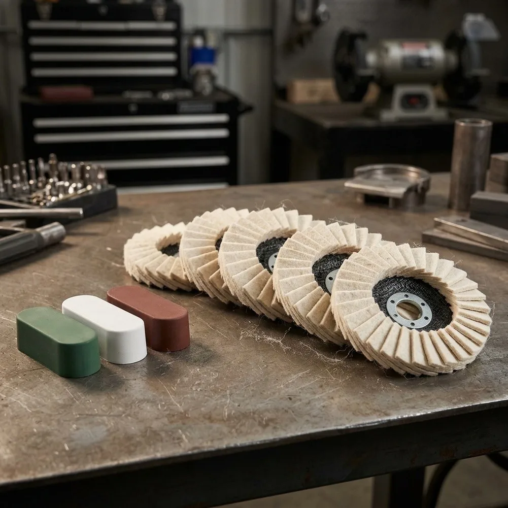 115mm Wool Felt Polishing Wheels 5PCS with Green White and Red/Brown Compounds for Multi Stage Polishing Applications