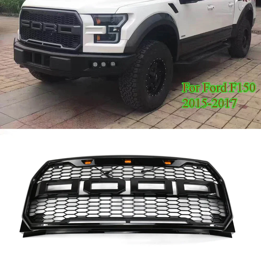 Car Front Bumper Grille Racing Grill Modification Sport Style Raptor Auto Accessories For Ford F150 2015-2017 With Lamp