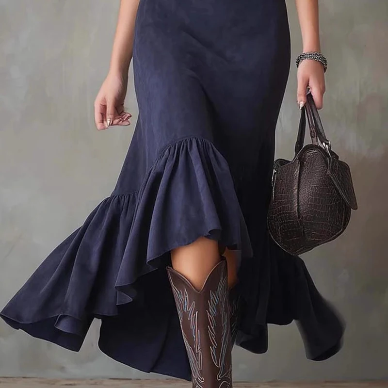 European American Long Dress for Women Solid Long Sleeves Half High Collar Maxi Dress Elegant Slim Ruffle Irregular Hem Dress