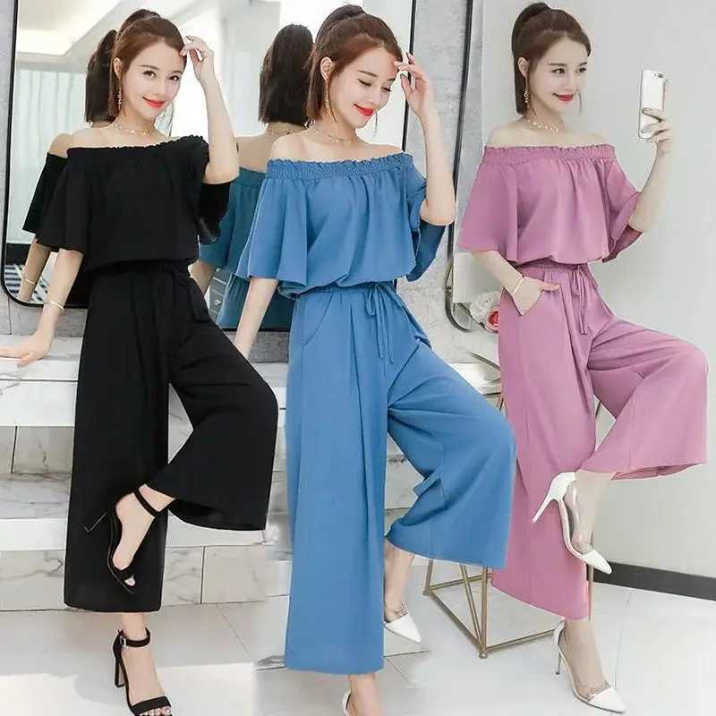 Women's Chiffon Suit 2024 Spring Summer New Off Shoulder Neck Crop Tops Pant 2 Sexy Two Piece Set Set Youthful For Women Clothes