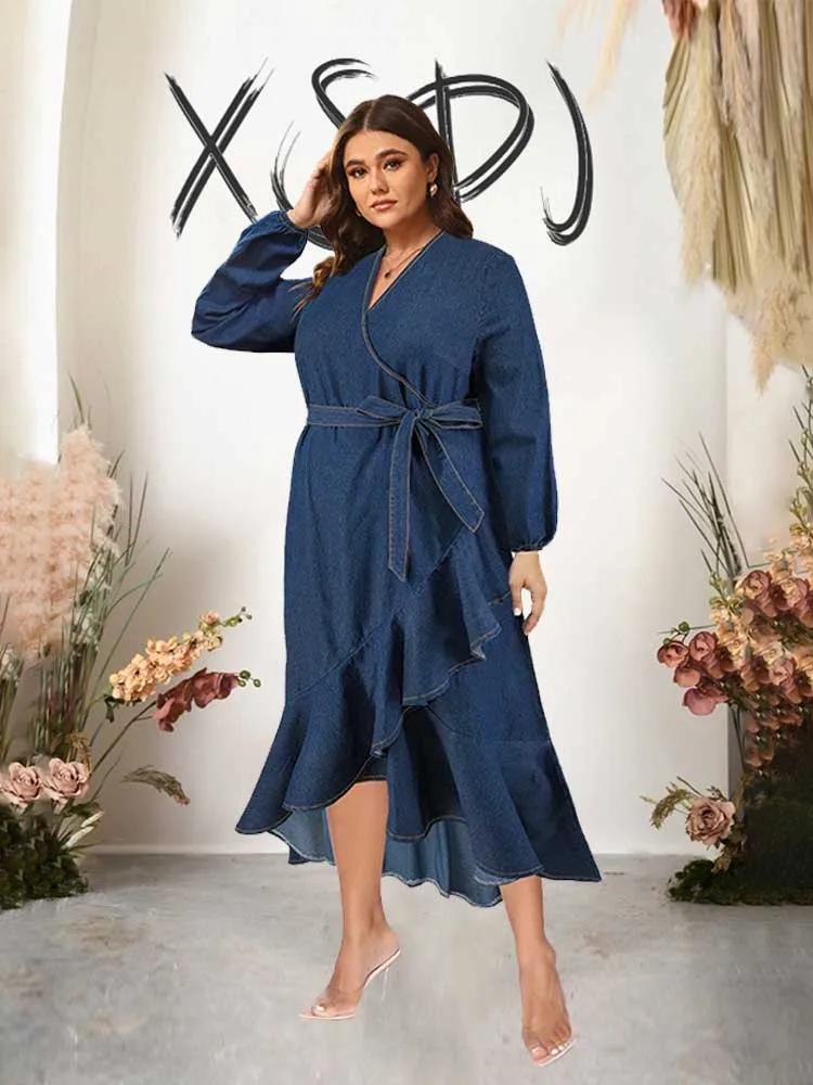 Plus Size Women Clothing 2xl 3xl Denim Long Sleeve Dress Autumn Ruffled Hem Slim Midi Dress Lady Straight Dress Elegant Casual