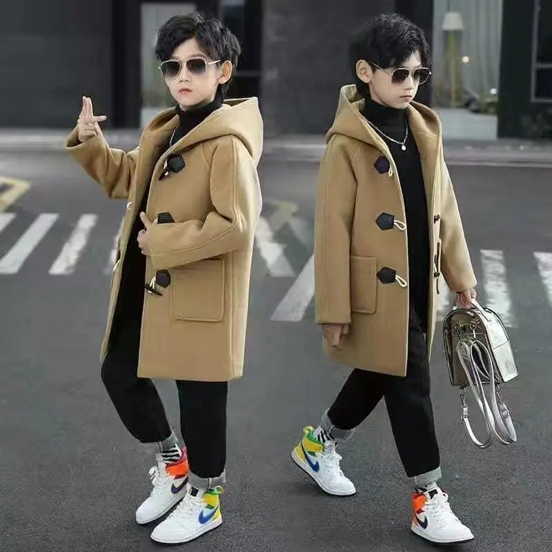 5 6 8 10 12 14 16 Years Boys Wool Coat Winter Keep Warm Fashion Kids Jacket Long Sleeves Hooded Boys Outerwear New Kids Clothes