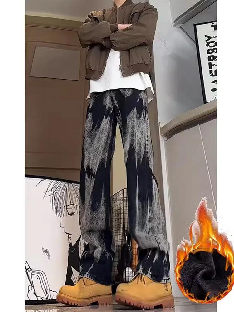 

Мужские джинсы с высокой талией и флисовой подкладкой, прямые брюки с эффектом тай-дай, осенне-зимние, в американском стиле, молодежные, модные, из смесового хлопка и полиэстера