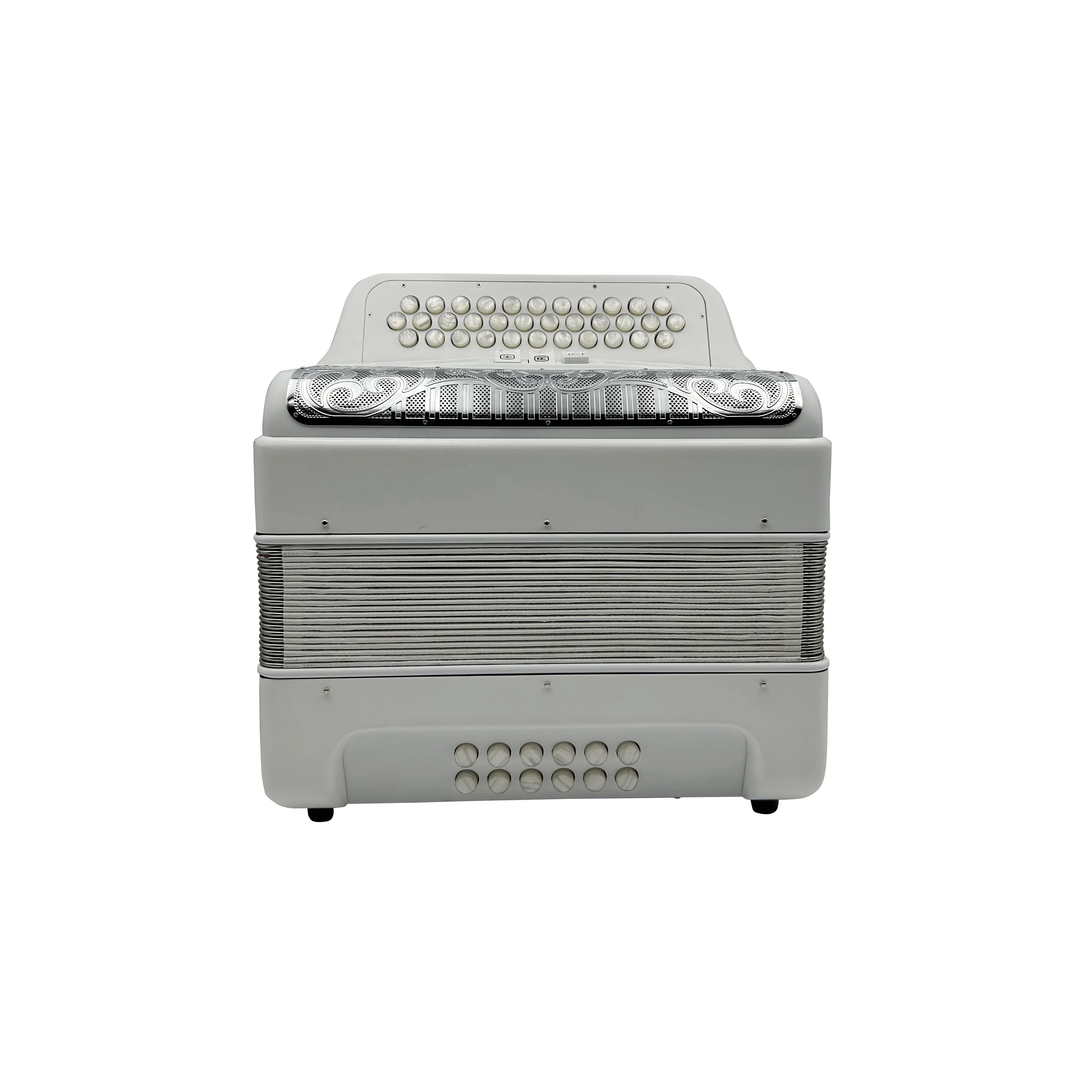 

Professional Diatonic Accordion JB3412C 34 Buttons 12 Bass 3 Registers Matt White Body Silver Grill White Buttons