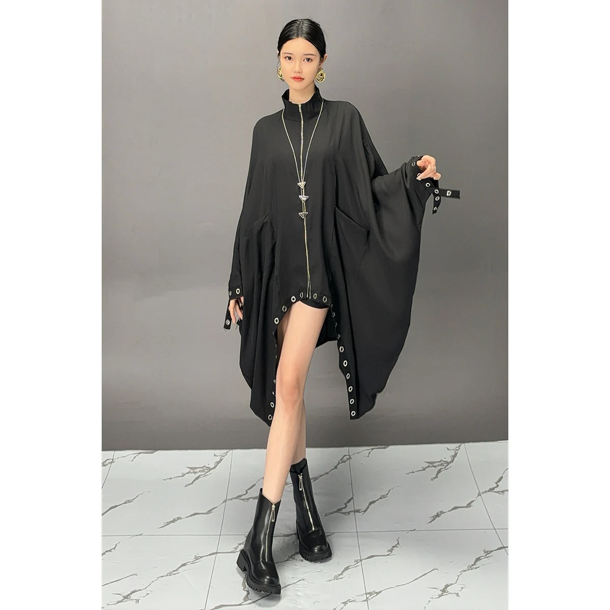 QING MO 2025 Spring Autumn New Black Women Shirts Stand Collar Batwing Sleeve Irregular Shirt Fashion All-match Shirts ZXY1007