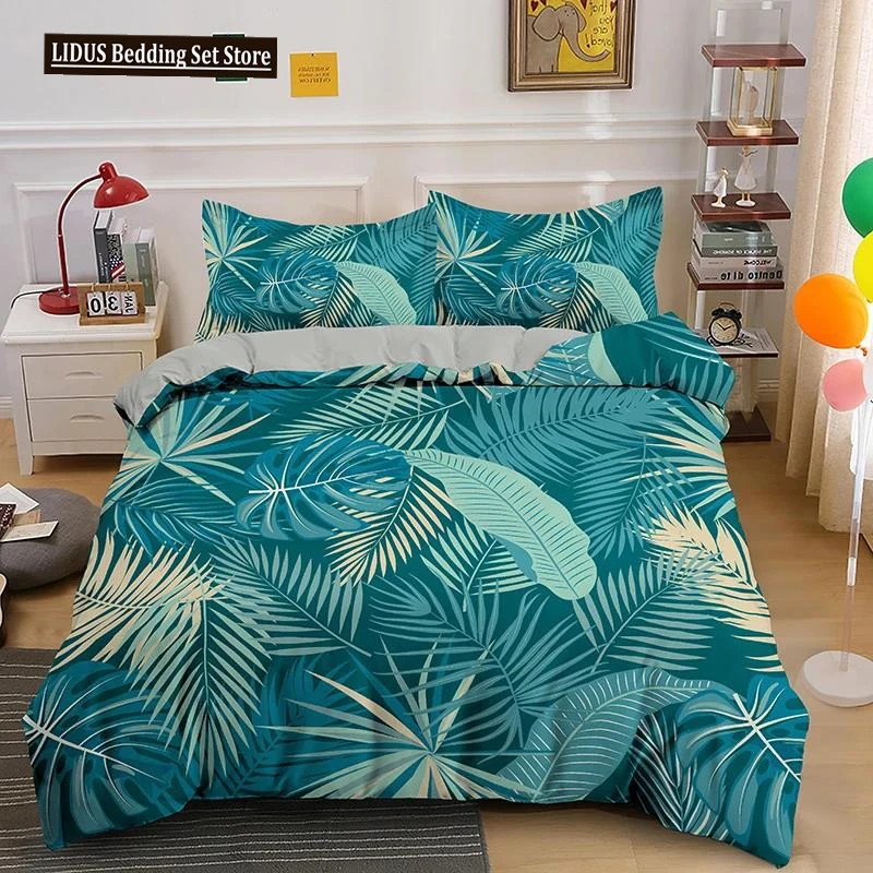 

Tropical Botanical Leaves King Queen Duvet Cover Green Palm Leaves Polyester Bedding Set For Kids Teens Adults With Pillowcase