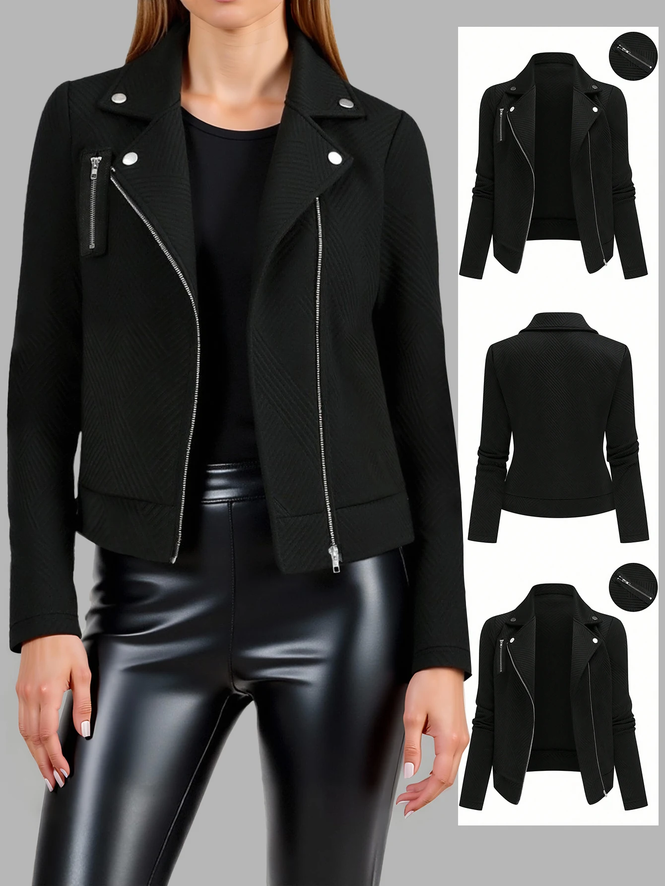 

Autumn and Winter Women's Cardigan Coat Lapel Textured Fabric Zipper Button Decoration Coat Casual Motorcycle Jacket