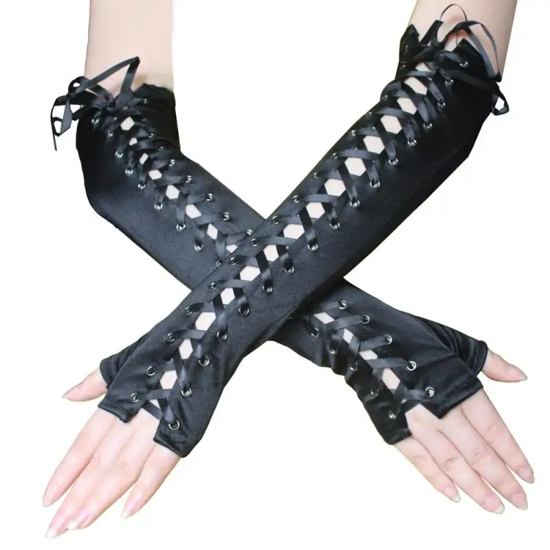 Lace Gloves Sexy Lace Long Gloves Winter Elbow Length Half-Finger Gloves Ribbon Fingerless Fishnet Mesh Ceremonial Party Gloves