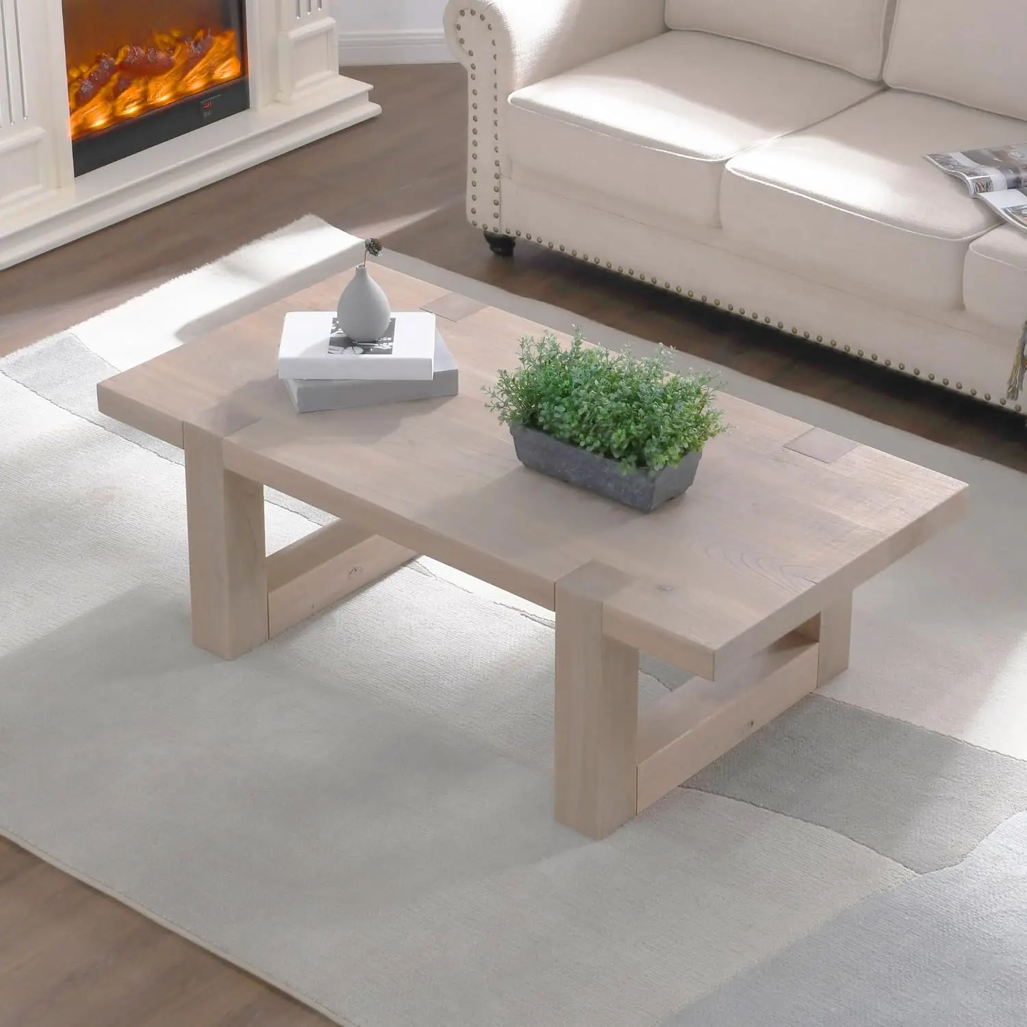 Solid Wood Coffee Table Rustic Natural Grain Top Sled Base Storage Reception Living Room, Customized