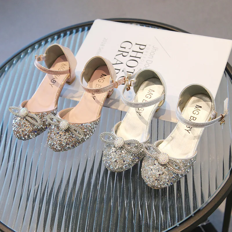 New Children Princess High Heels Baby Girls Bling Rhinestone Bowknot Sandals Fashion Sequin Soft Kids Dance Party Sparkly Shoes