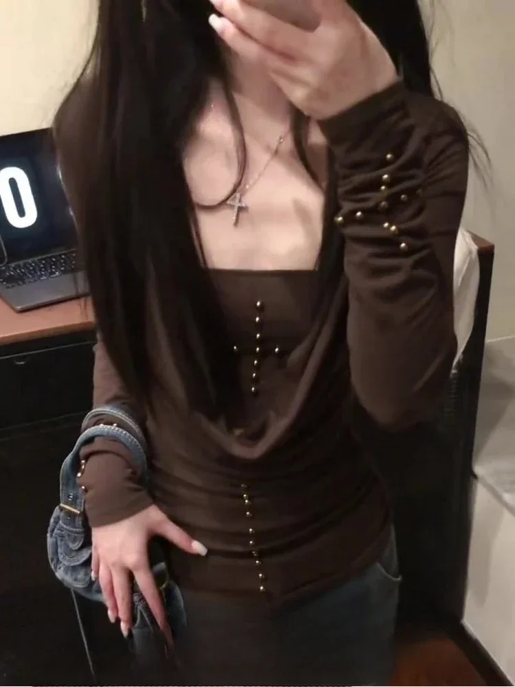 Sexy Harajuku 2025 Ropa Mujer Casual Tshirts Gothic Black Woman T-Shirt Y2k Crop Tops Slash Neck Long Sleeve Tees Fashion Korean