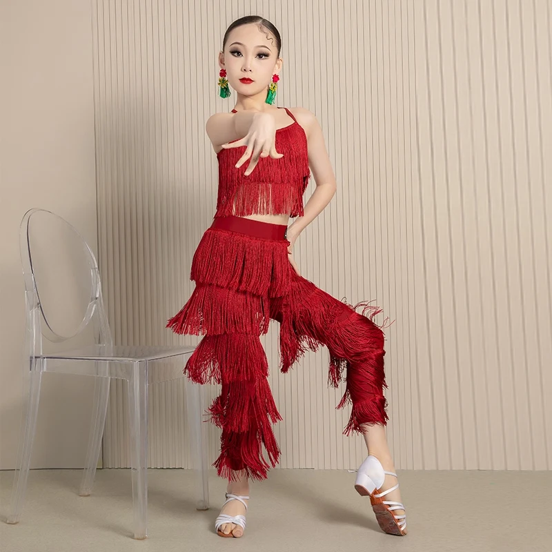 8 Colors Tassel Latin Dance Clothes For Girls Fringe Set Tops Pants Kids Latin Dance Competition Clothing Practice Wear DNV20525