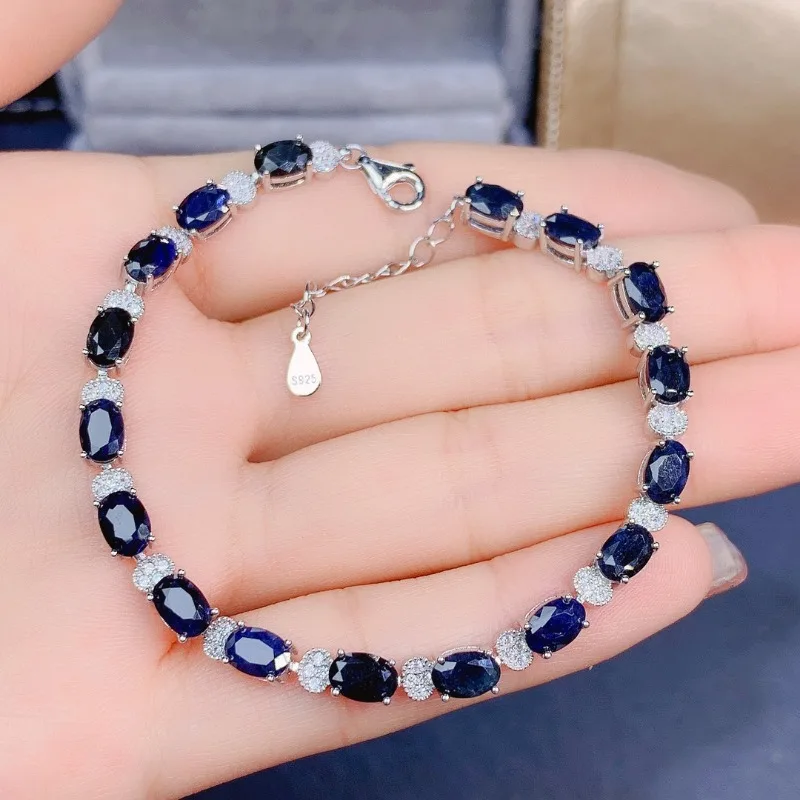 100% Hot Natural Dark Sapphire 4*6MM 17PCS Stone 925 Silver Jewelry Charm Bracelet for Women Christmas Gift YULEM