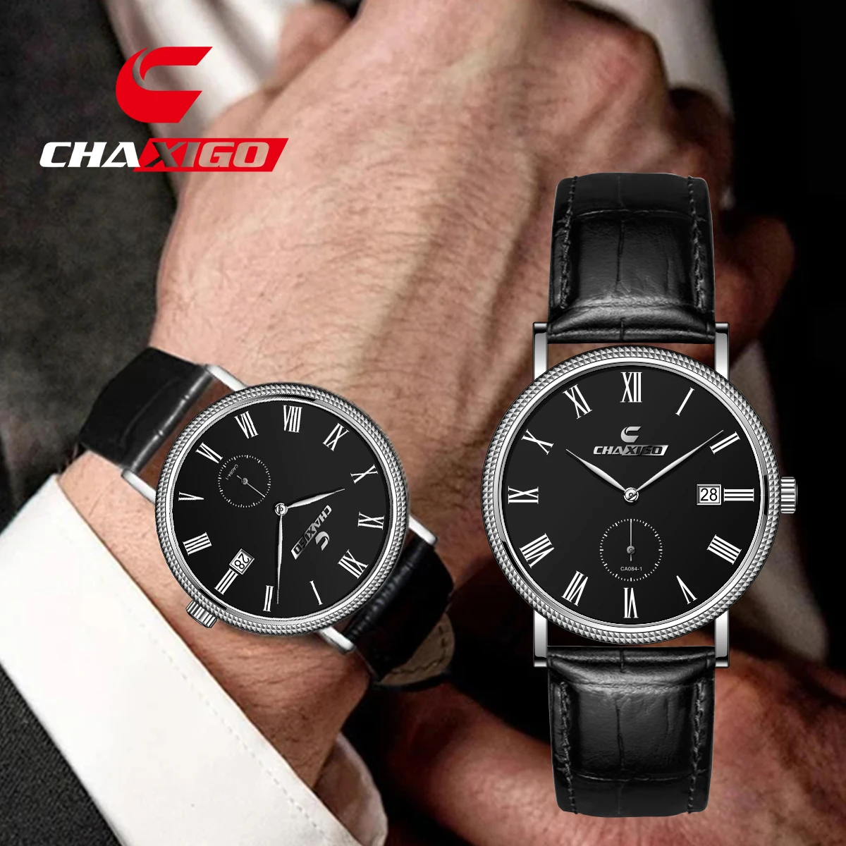 

CHAXIGO Men's Business Casual Leather Strap Watch with Ultra-Thin Design, Mineral Glass, 3ATM Water Resistant Quartz Watch