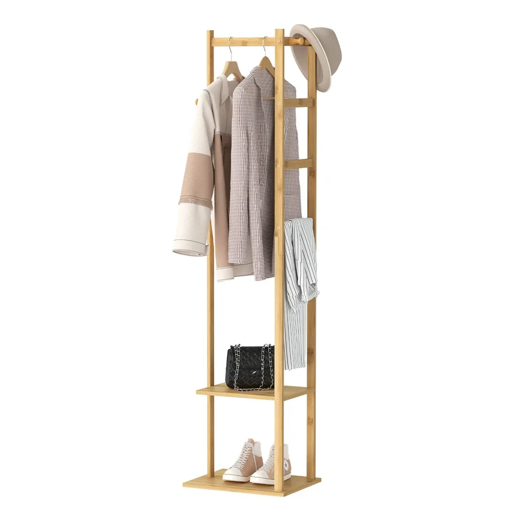 

Bamboo Garment Rack, Clothing Rack with 2 Tier Storage Shelves, Wooden Garment Rack, Clothes Hanging Rack, Cloest Organizer