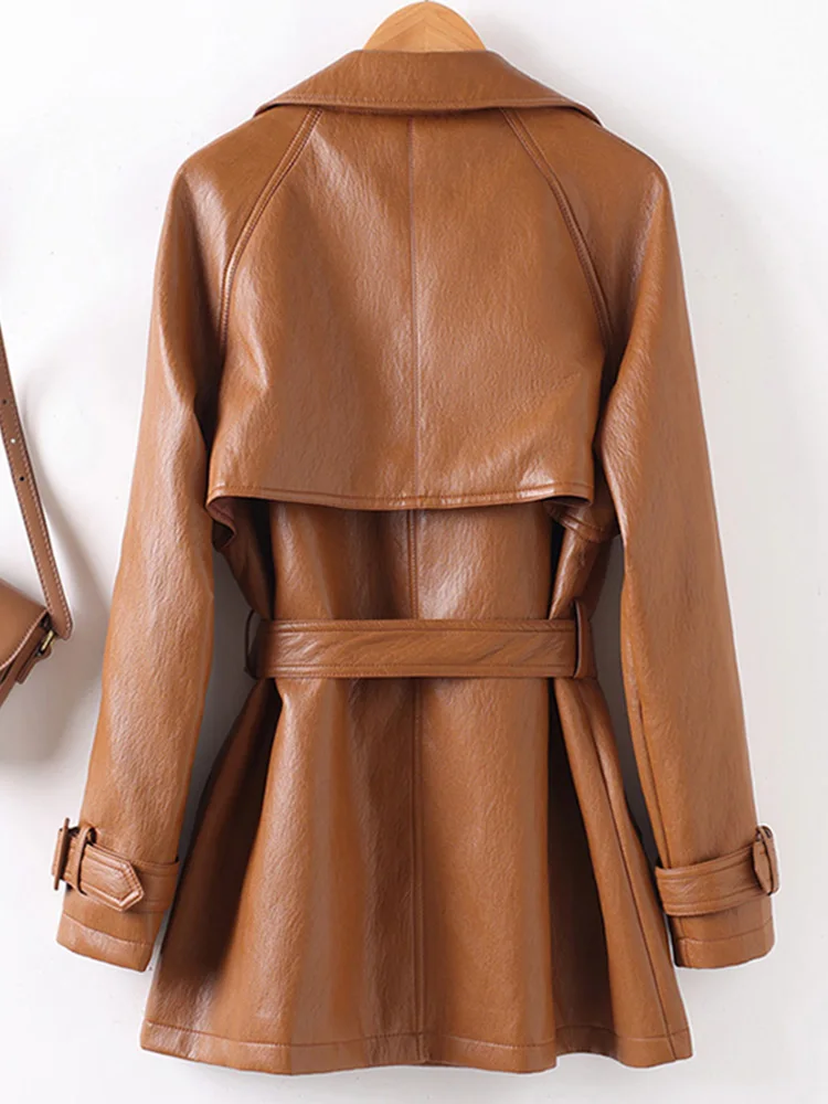 Trench corto da donna in pelle crosta nuova, colletto alla moda autunnale, doppio petto, vita sottile con cintura, cappotto in pelle casual