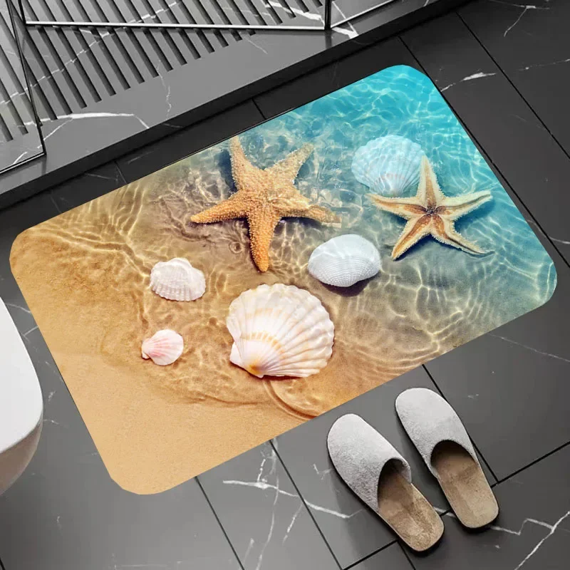 Beach Starfish Shells Seaside Scenery Design Bathmat Shower Mat Non-silp Flannel Floorpad for Home Decorative Accessories Carpet