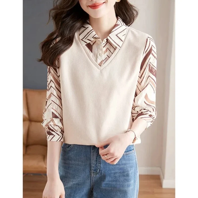 女性用ツーピースフェイクスプライス長袖スリムシャツ、用途の広いプルオーバートップ、新しいスタイル、秋