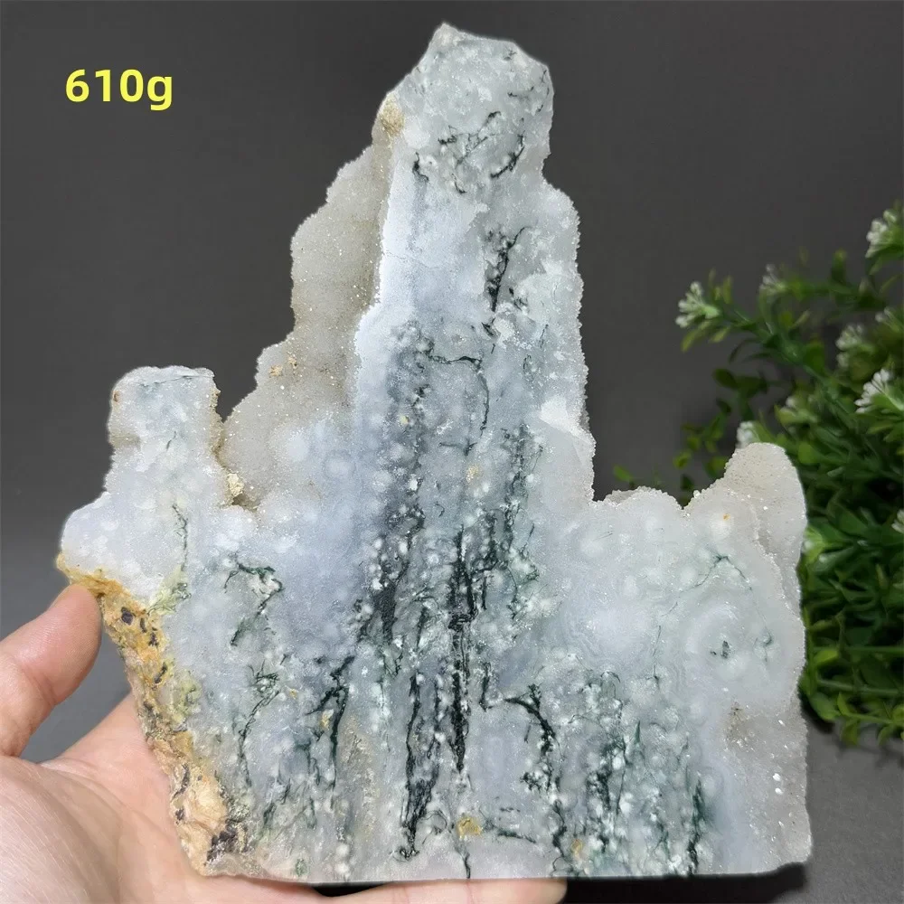 Natural Gemstone Moss Aquatic Plants Agate Crystal Cluster Rough Stone Slice Healing Prayer Home Decoration Gift + Bracket