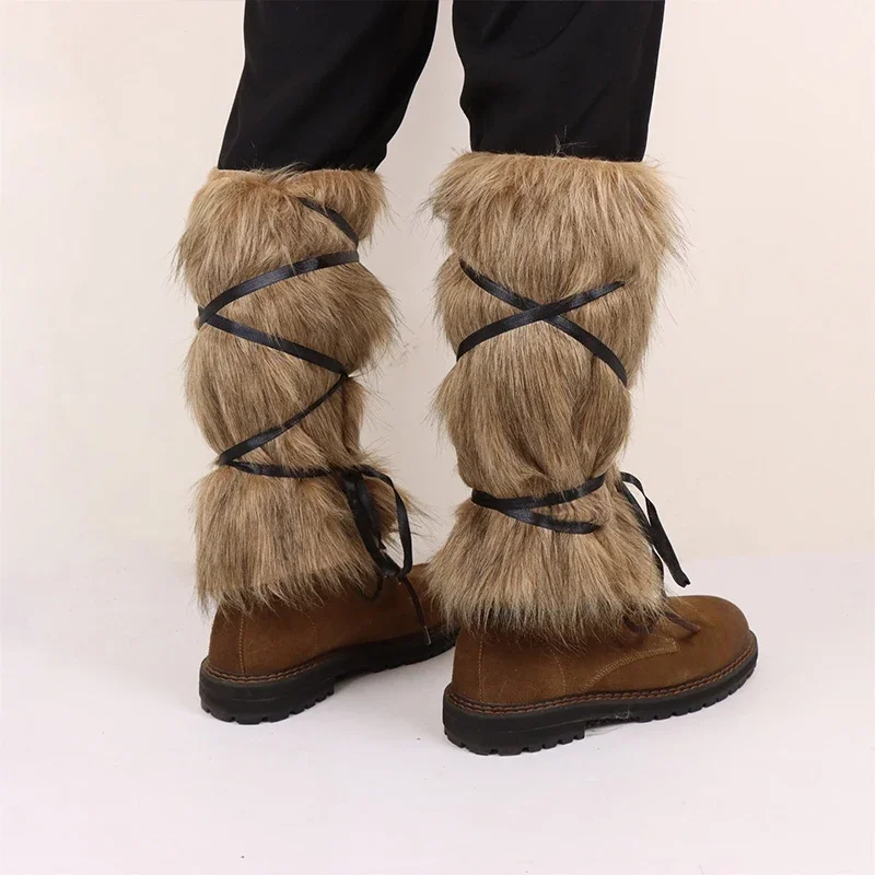 1Pair Men Medieval Imitation Fur Warm Leggings Furry Leggings Boots Cosplay Vikings Dress Up Clothing Pirate Cosplay Accessories