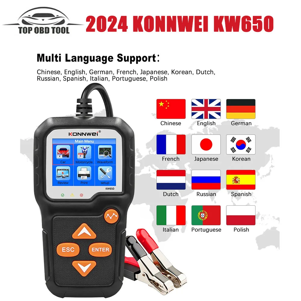 

KONNWEI KW650 Car Motorcycle Battery Tester 6V 12V Auto Battery Analyzer 100 to 2000 CCA Car Moto Cranking Charging Test Tool