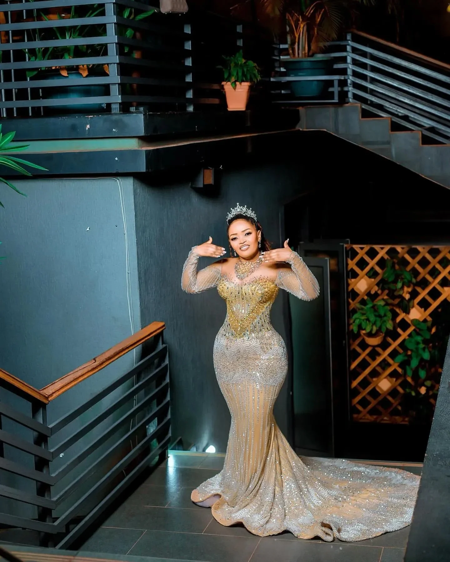 Per occasioni speciali Strass Sera in pizzo Festa formale Compleanno Secondo fidanzamento Abiti Africano Aso Ebi Champagne Sirena