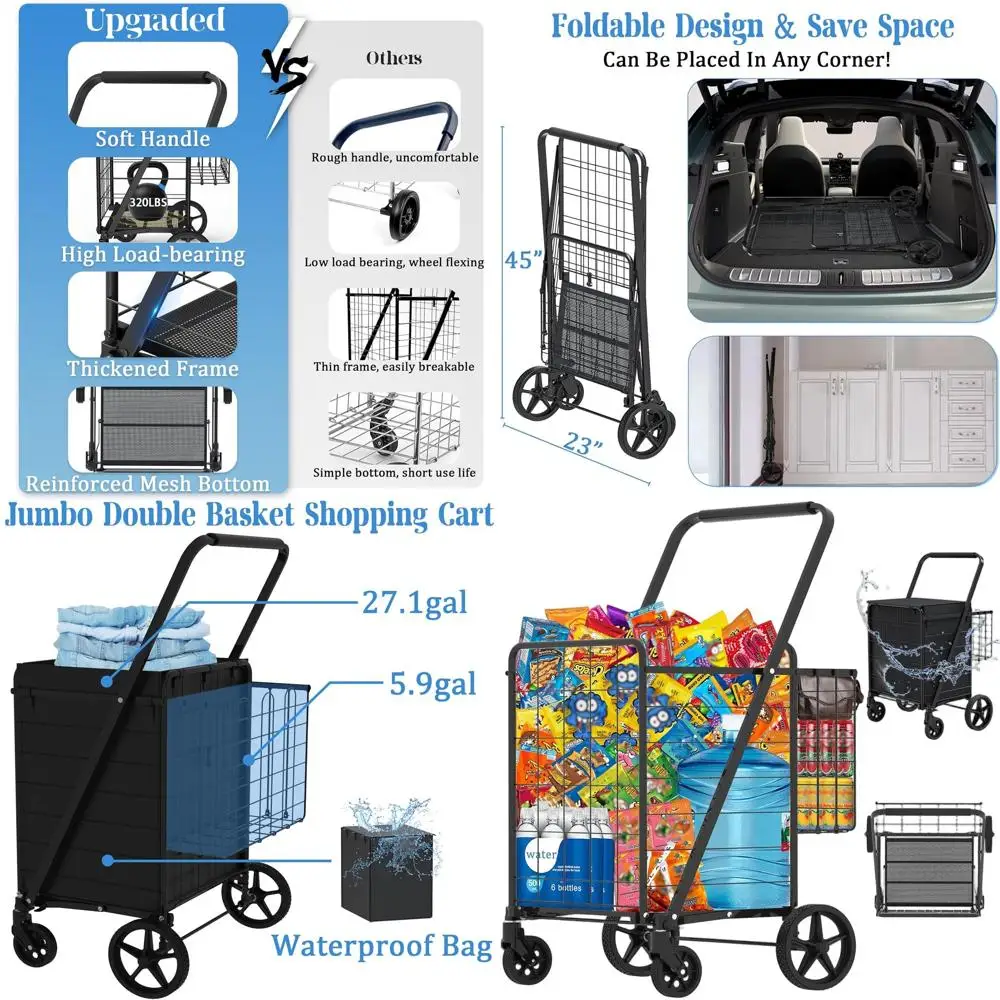 

Прочная складная тележка для продуктов с возможностью 360° ° Поворотные колеса, тележка большой емкости, водонепроницаемая сумка, портативная универсальная тележка на каждый день