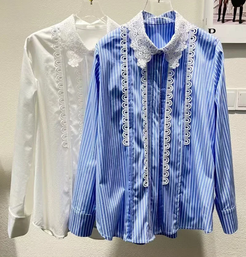 

100%Cotton Shirts 2025 Spring Summer Blue White Shirts High Quality Ladies Turn-down Collar Lace Embroidery Patchwork Shirts OL