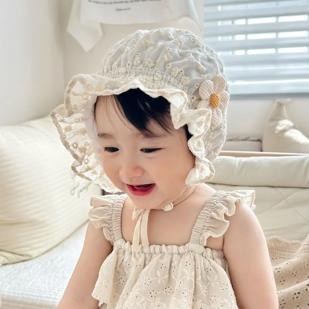 الوليد الدانتيل الطفل الجنين قبعة كشكش زهرة بونيه قبعة لينة تنفس قبعة الشمس 3-12 شهرا #5
