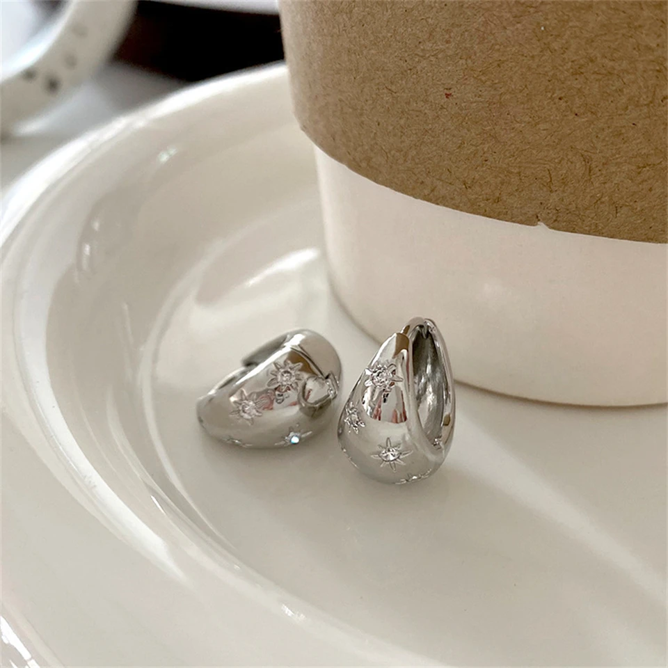 Simple Round Hoop Earrings Cubic Zirconia Star Hoop Earrings Personality Chunky Water Drop Ornaments Exquisite Jewelry image 4