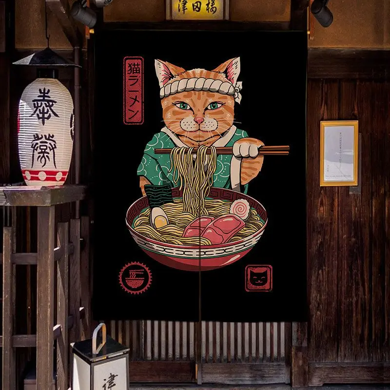VIKAMA Cartoon Ramen Katze Noren Vorhang Japanischer Stil Muster Ramen Shop Izakaya Küche Türhänger Deko Trennvorhang