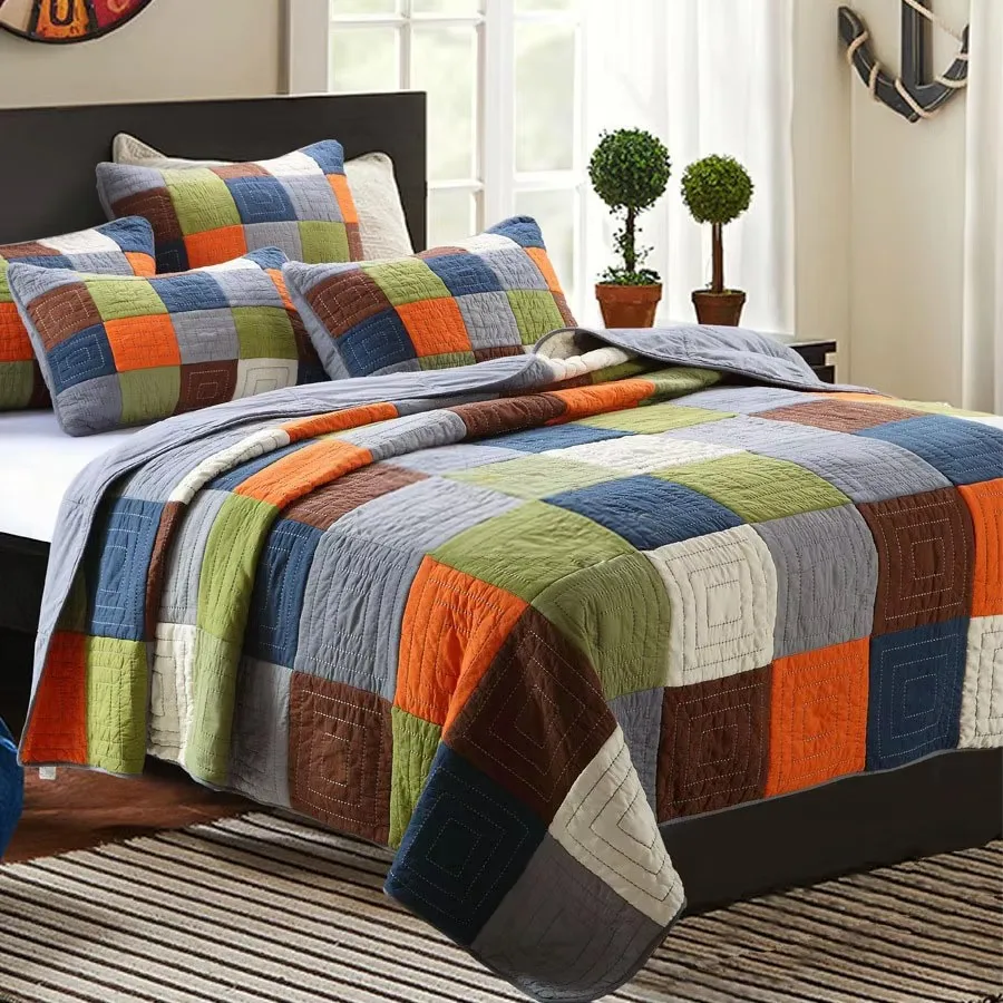 Plaid Cotton Quilt Set 3PCS Bedspread on the Bed King Size 240*260cm Thicken Blanket for Bed Summer Patchwork Coverlet CHAUSUB