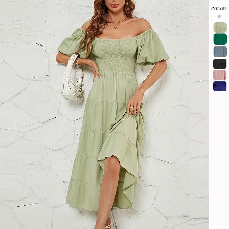 HMR-Real Shot2024Women's Summer Solid Color High Waist Puff Sleeve Waist Dress Women