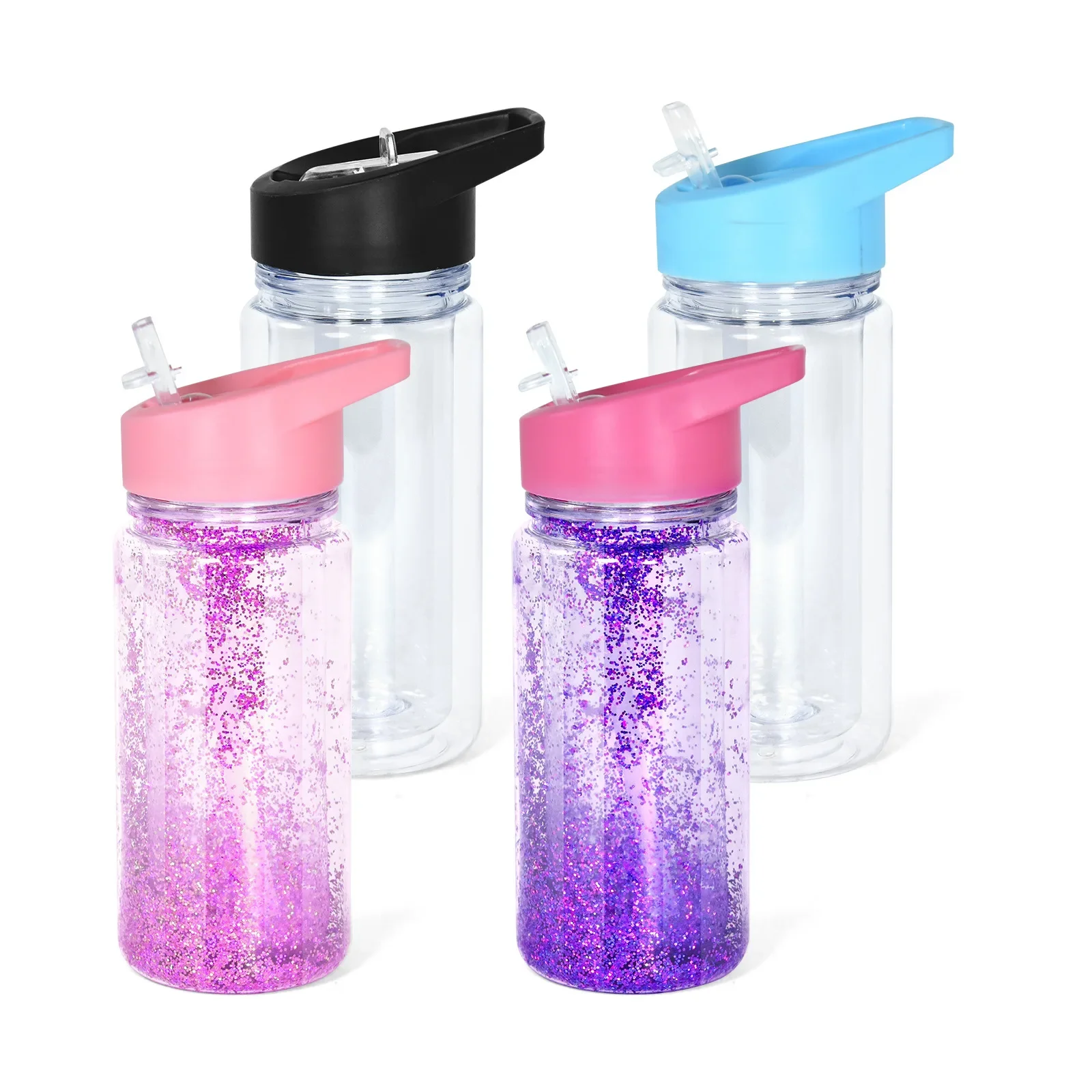 300/500ml Double-layer Children's Sports Plastic Water Bottle With A Straw and Handle, Bottom with A Hole, DIY Snowball Cup/MUG