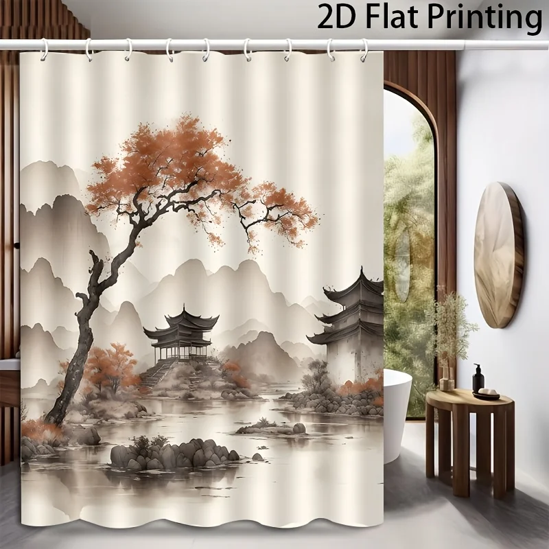 Luxury Asian Landscape Shower Curtain Waterproof Pagoda Mural Design Oriental Chinese Style Bath Bathroom Decor Curtain 180x200c - view 5