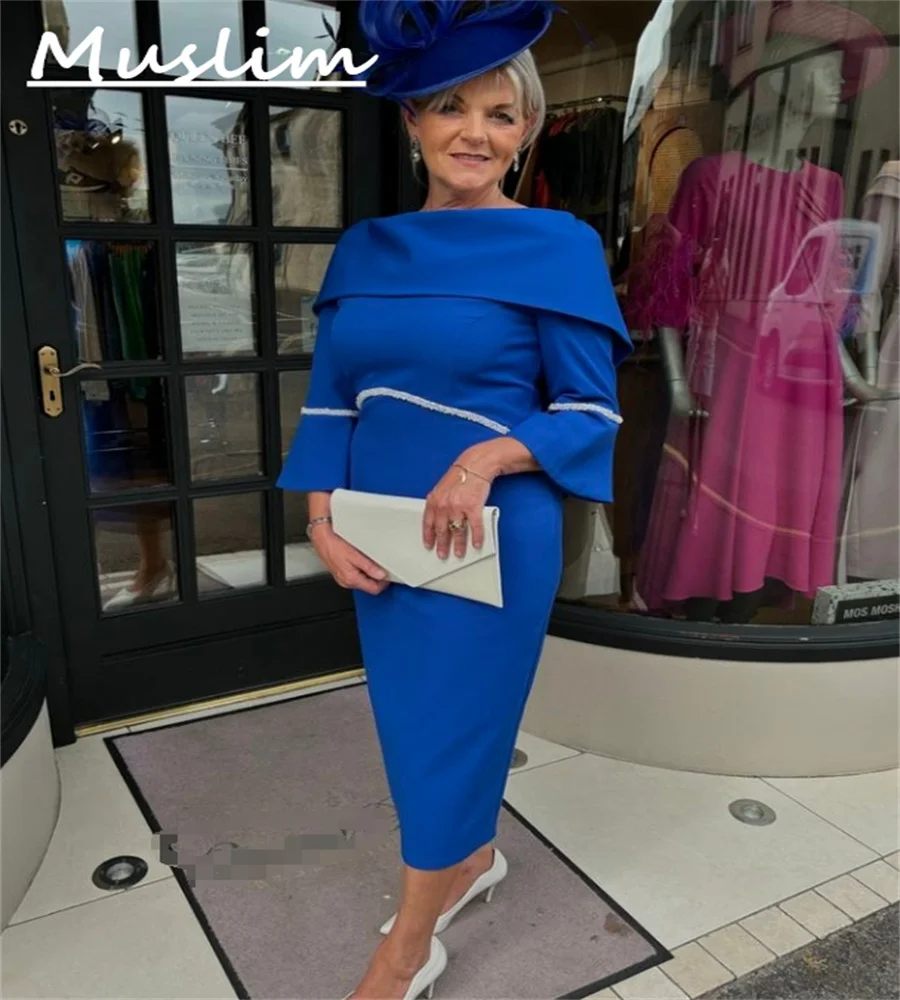 Chic Royal Blue Mother Of The Bride Dress With Sleeves Elegant Midi Mom Evening Dress For Wedding Guest Customized Dinner Club