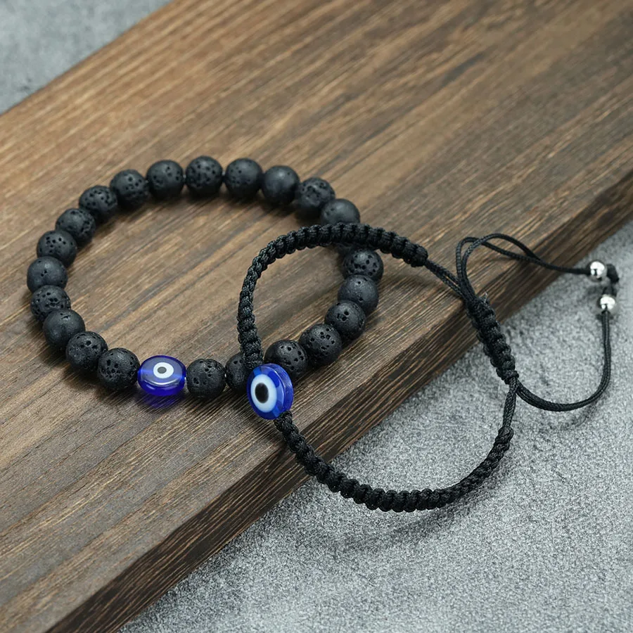 Viking 2Pcs Turkey Terror Eyes Bracelet Men Braided Adjustable Knot 8mm Black Red Stone Beads Wristband Retro Street Homme Joias view 5