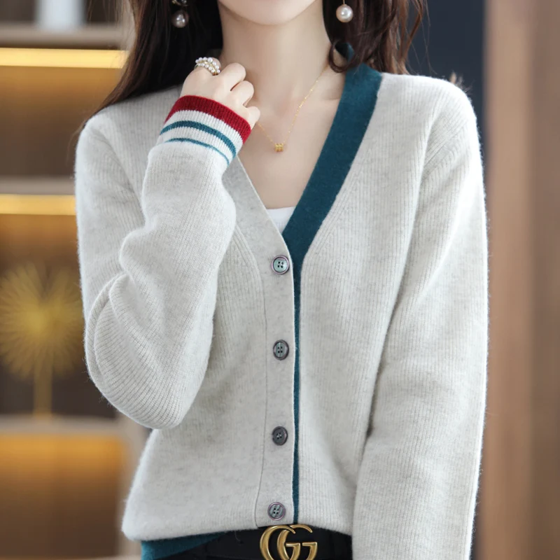 Women's Knit Cardigan Sweater Colorblock V-Neck Design Simple Elegant Pure Wool Retro Soft Single Breasted Loose Casual Fashion