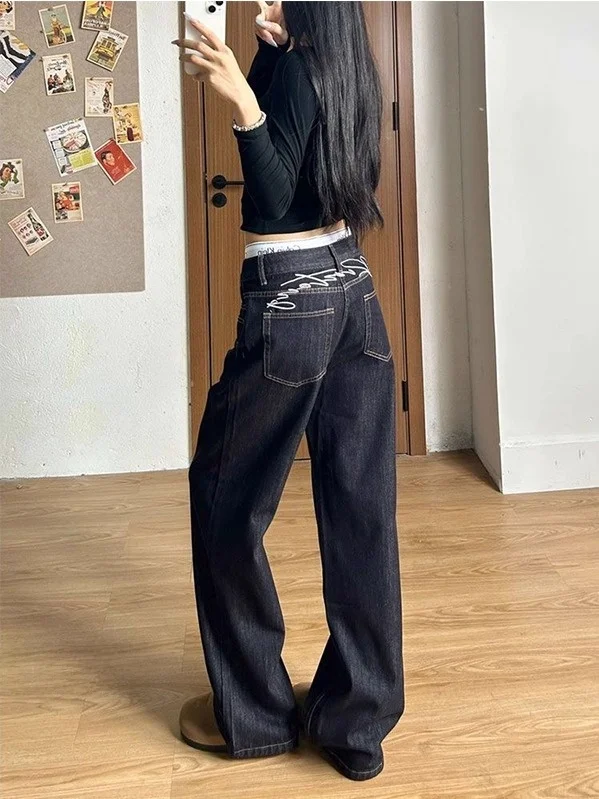 

2026 Новые женские широкие джинсы свободного покроя, повседневный винтажный дизайн, прямые брюки-трубы, длина до пола, длинные брюки с косой