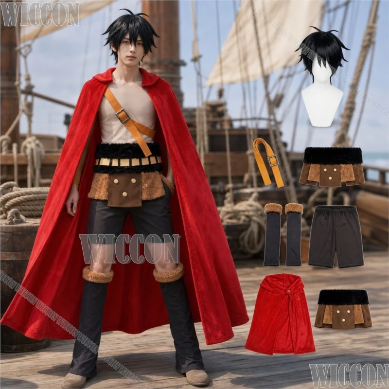 

sea poacher Anime Game Cosplay Costume New Style Black Wig Prop Man Accessories Red Cloak Pant Halloween Party Outfit Roleplay