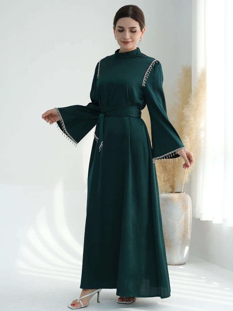 Eid Ramadan Muslim Women Dresses Party Abaya Diamond Long Dress Belt Morocco Kaftan Satin Vestidos Dubai Turkey Robe Jalabiya