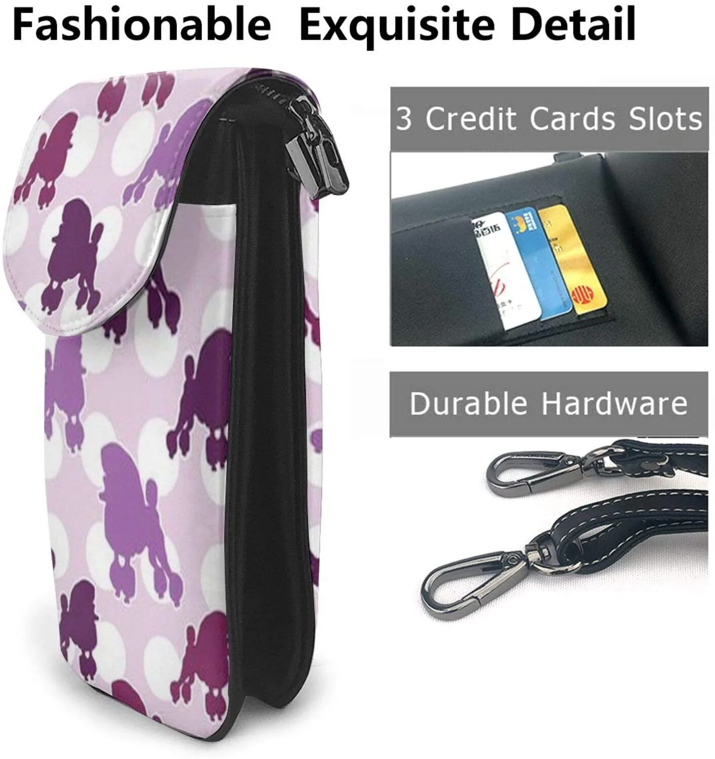 New Lightweight PU Leather Cell Phone Purse Purple Poodle Polka Dot Small Crossbody Bags Shoulder Bag Wallet Handbag for Women