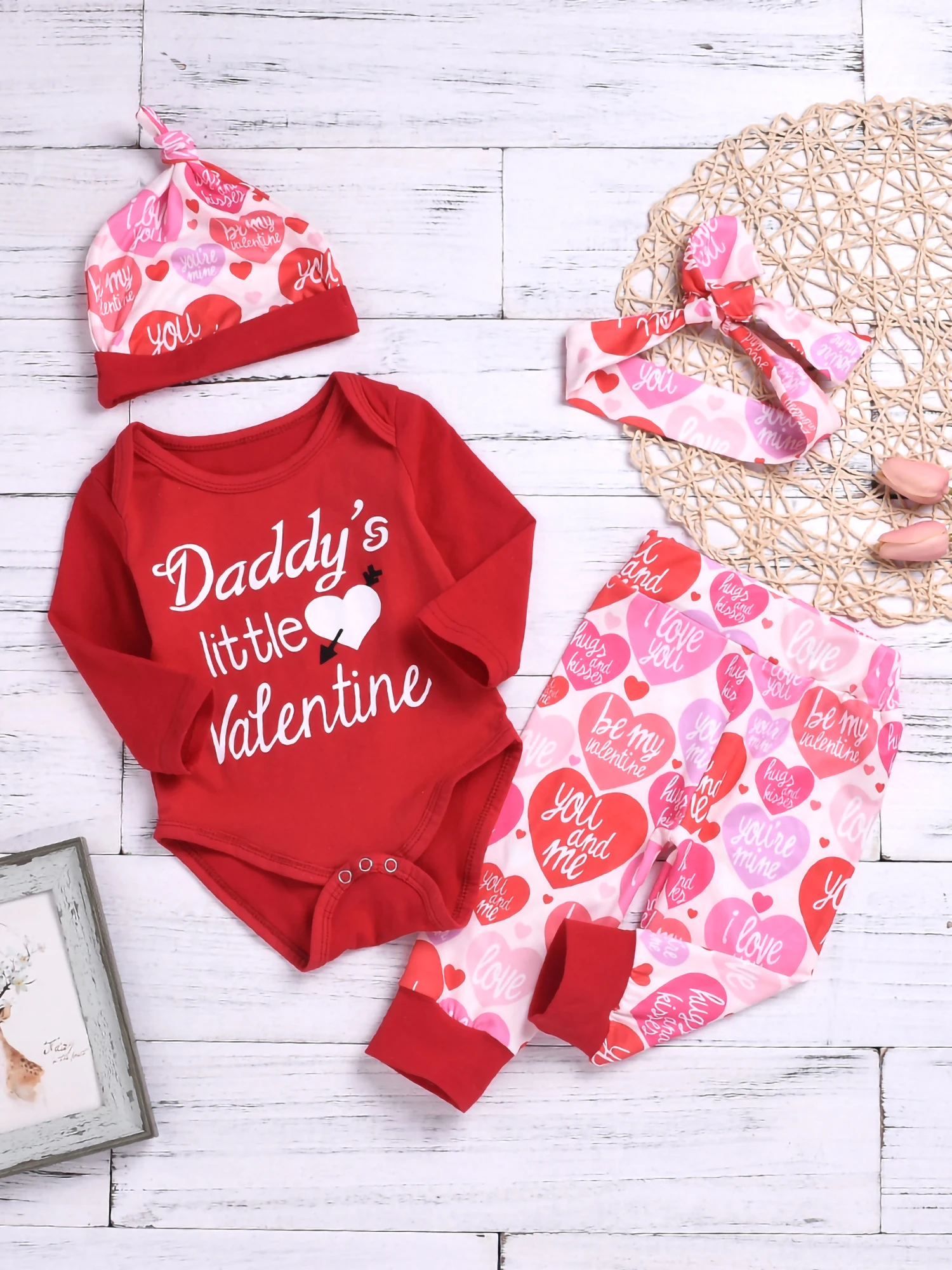 

Baby 4PCS Romper Suit Long Sleeve Letter Printed Buttons Romper Heart Long Pants Top Knot Beanie Hat Bow Headband