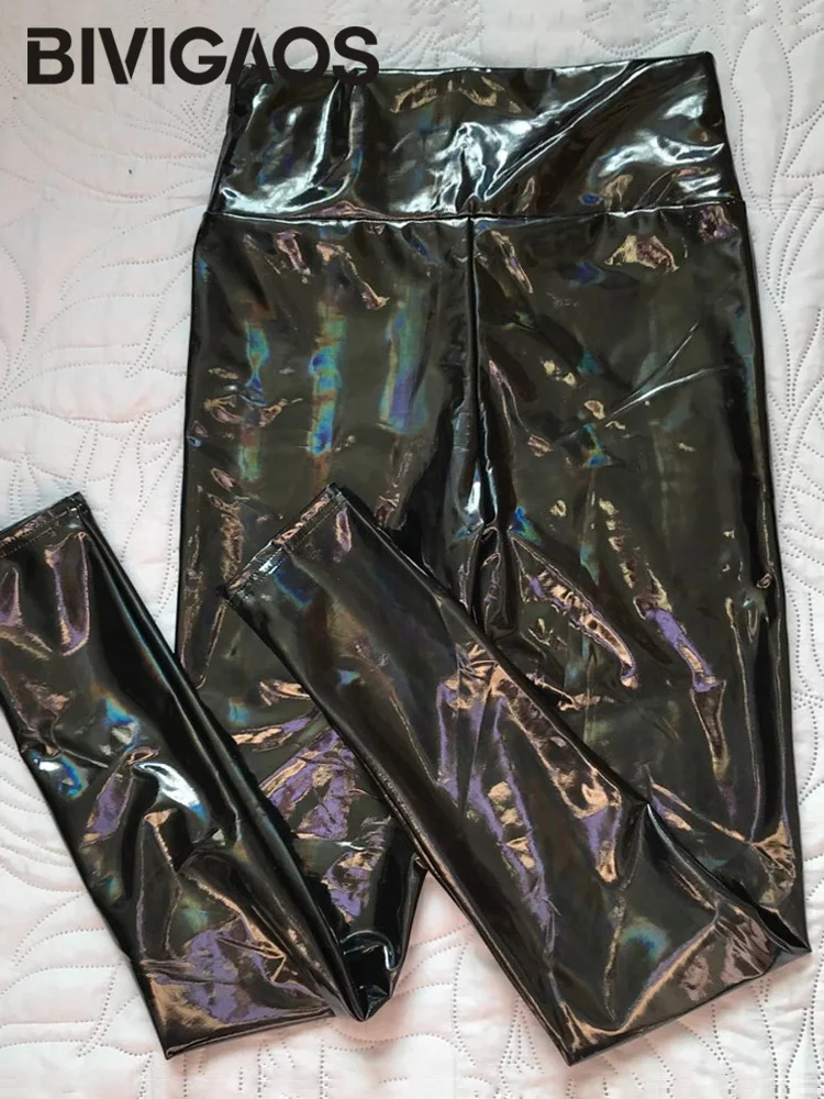 BIVIIncome OS-Leggings en cuir miroir coloré pour femmes, pantalons skinny sexy, taille haute, élastique, brillant, nouveau, printemps